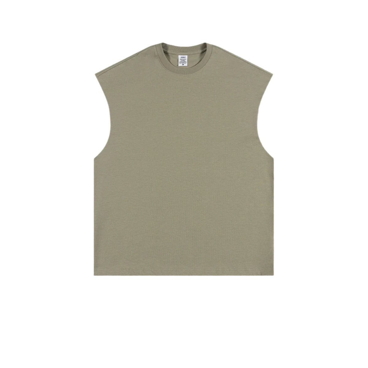 Olive green oversized sleeveless muscle tee with crew neckline and manufacturer's tag visible, displayed flat against white background