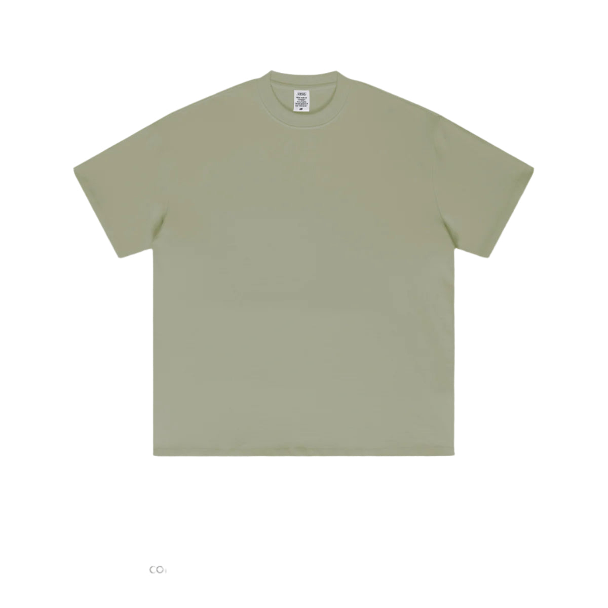 Sage green oversized t-shirt with crew neck and drop shoulder design photographed flat against white background