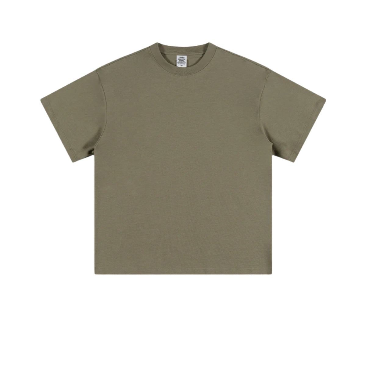 Olive green basic t-shirt with crew neck and short sleeves, shown flat on white background