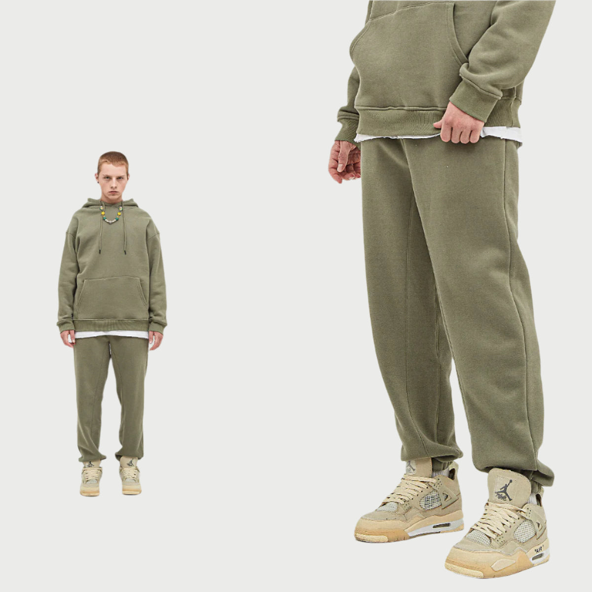 Model wearing olive green hoodie and sweatpants with white undershirt and beige Jordan sneakers, shown in split-view format