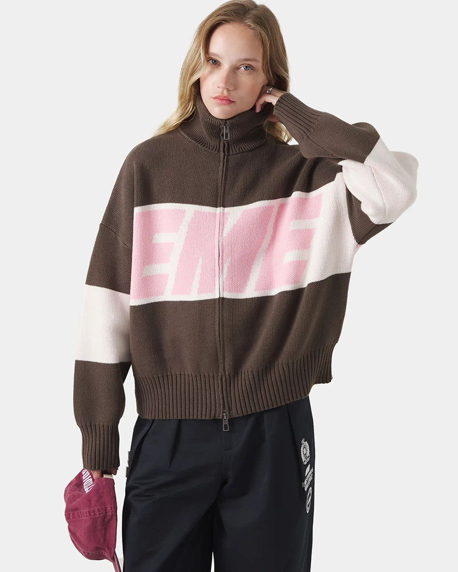 Retro Jacquard Letter Zip Up Sweater – Sporty Colorblock Knit Cardigan