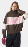 Retro Jacquard Letter Zip Up Sweater – Sporty Colorblock Knit Cardigan