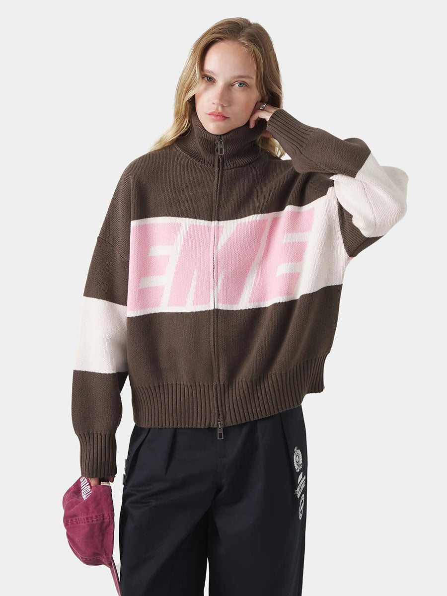 Retro Jacquard Letter Zip Up Sweater – Sporty Colorblock Knit Cardigan