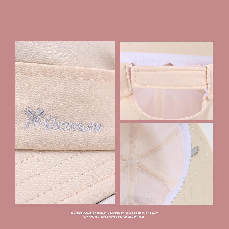 Close-up detail shots of cream sun hat showing fabric texture, embroidered logo and interior construction against pink backdrop