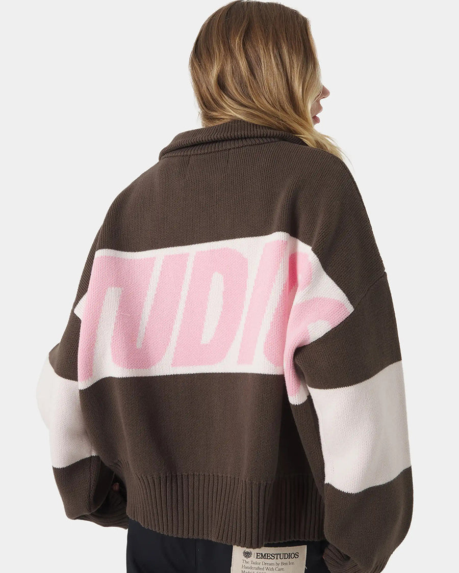 Retro Jacquard Letter Zip Up Sweater – Sporty Colorblock Knit Cardigan