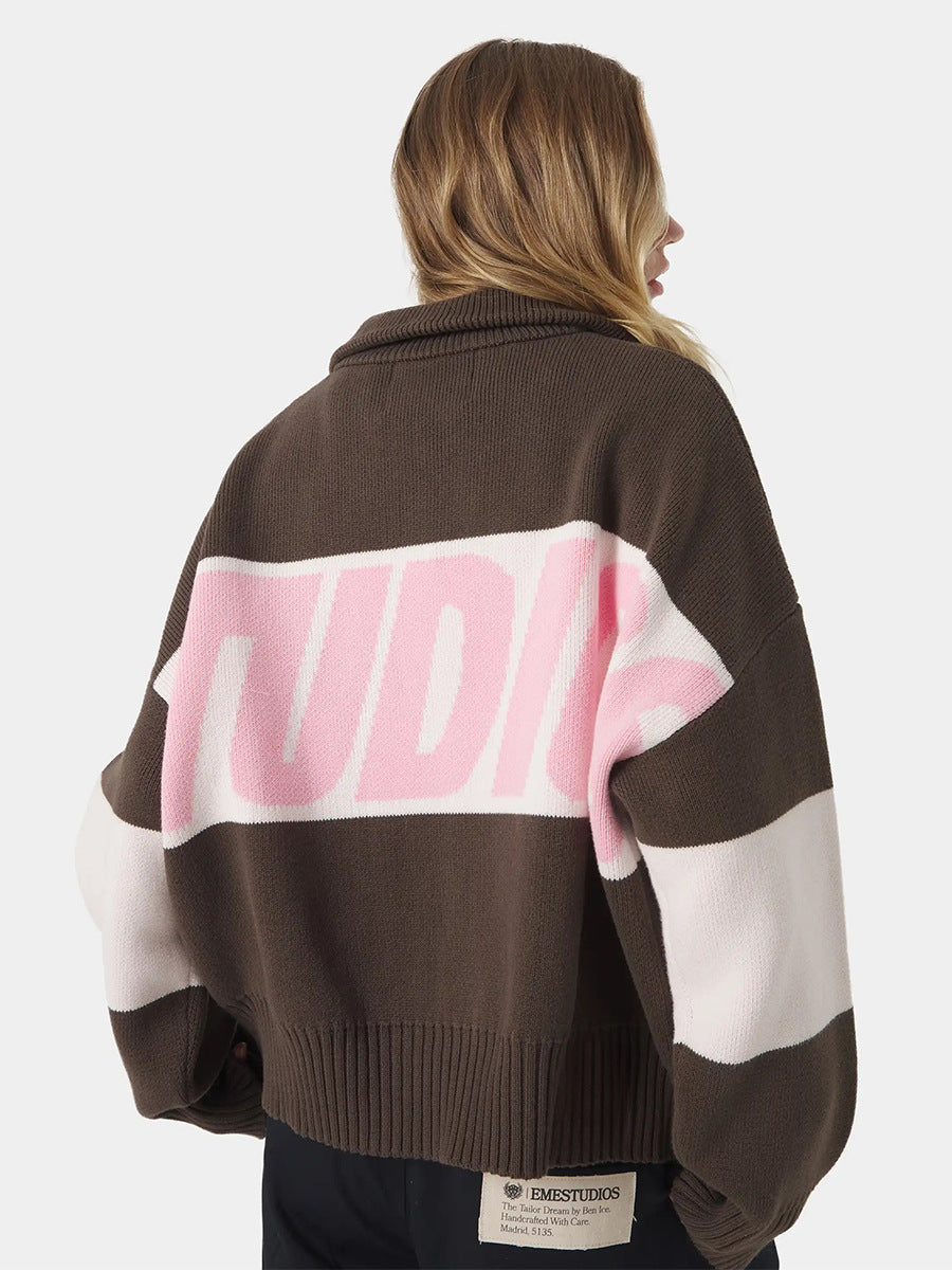 Retro Jacquard Letter Zip Up Sweater – Sporty Colorblock Knit Cardigan