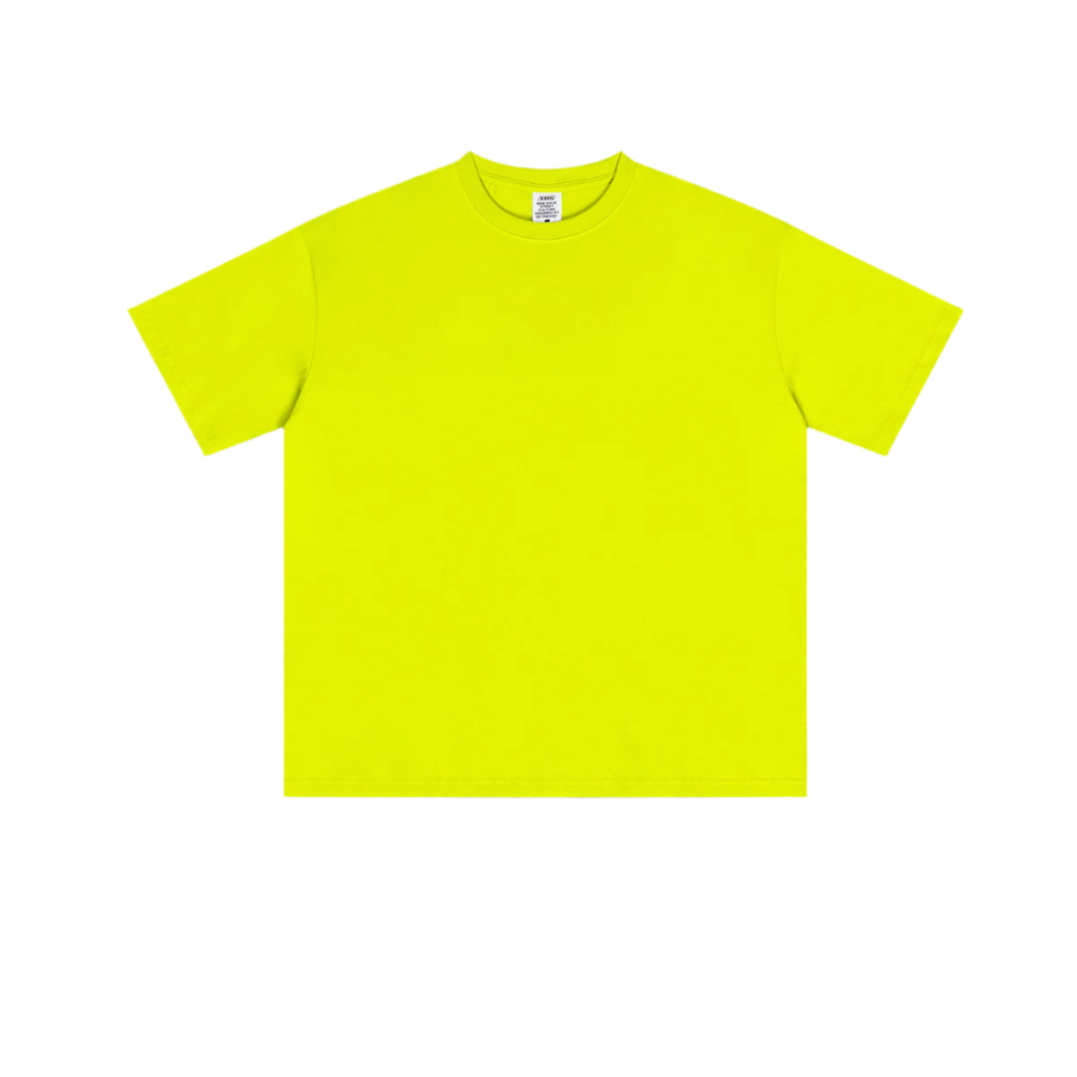 Neon yellow oversized crew neck t-shirt with short sleeves and boxy fit, shown flat on white background