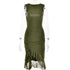 A model is wearing an olive green sleeveless bodycon dress with ruched detail and ruffled asymmetrical hem on white background