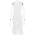 A model is wearing a white sleeveless ruched bodycon dress with asymmetrical ruffled hem, displayed against white background