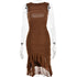 A model is wearing a brown sleeveless bodycon dress with ruched detailing and asymmetrical ruffled hem against white backdrop