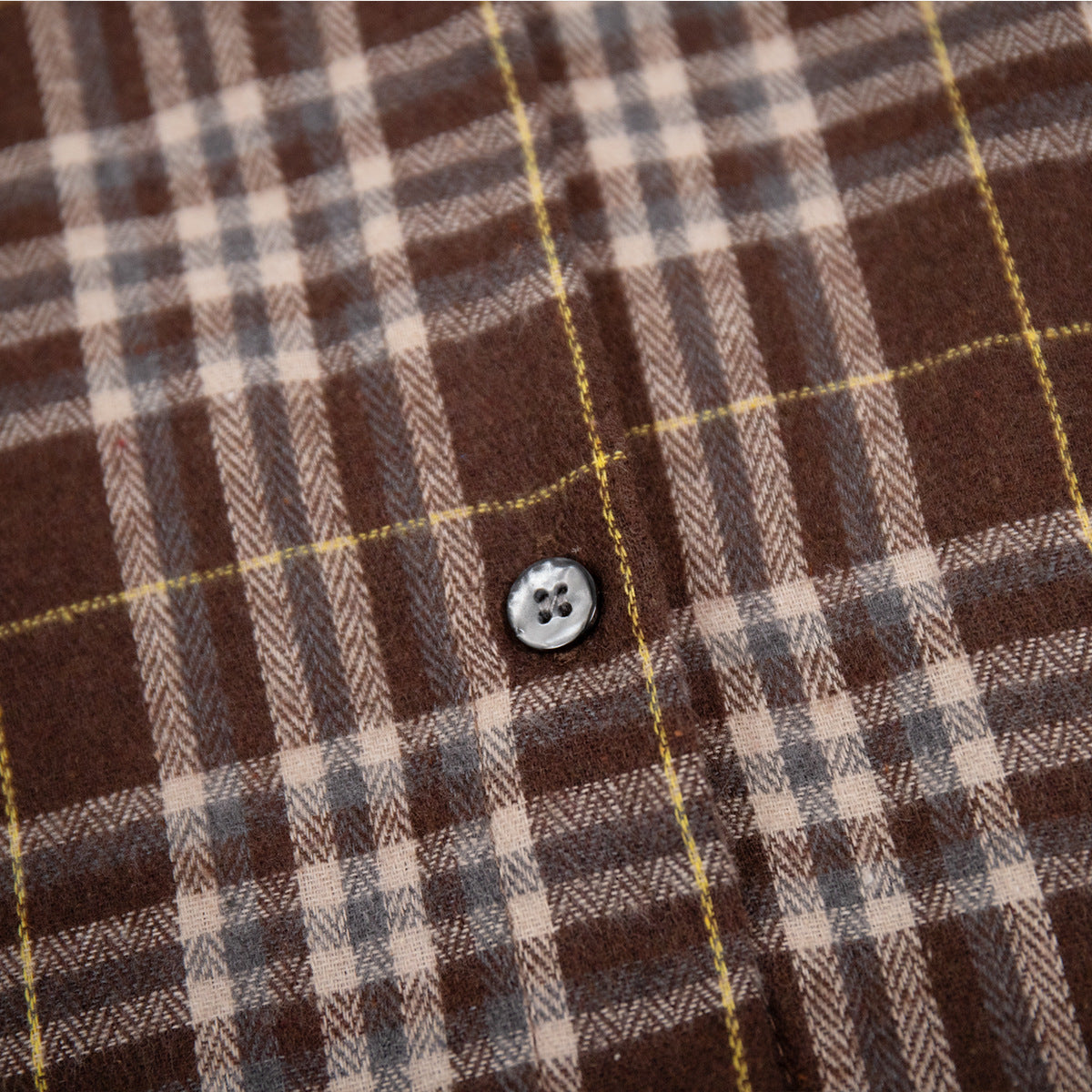 Extreme close-up of four-hole button on brown plaid fabric showing stitching detail
