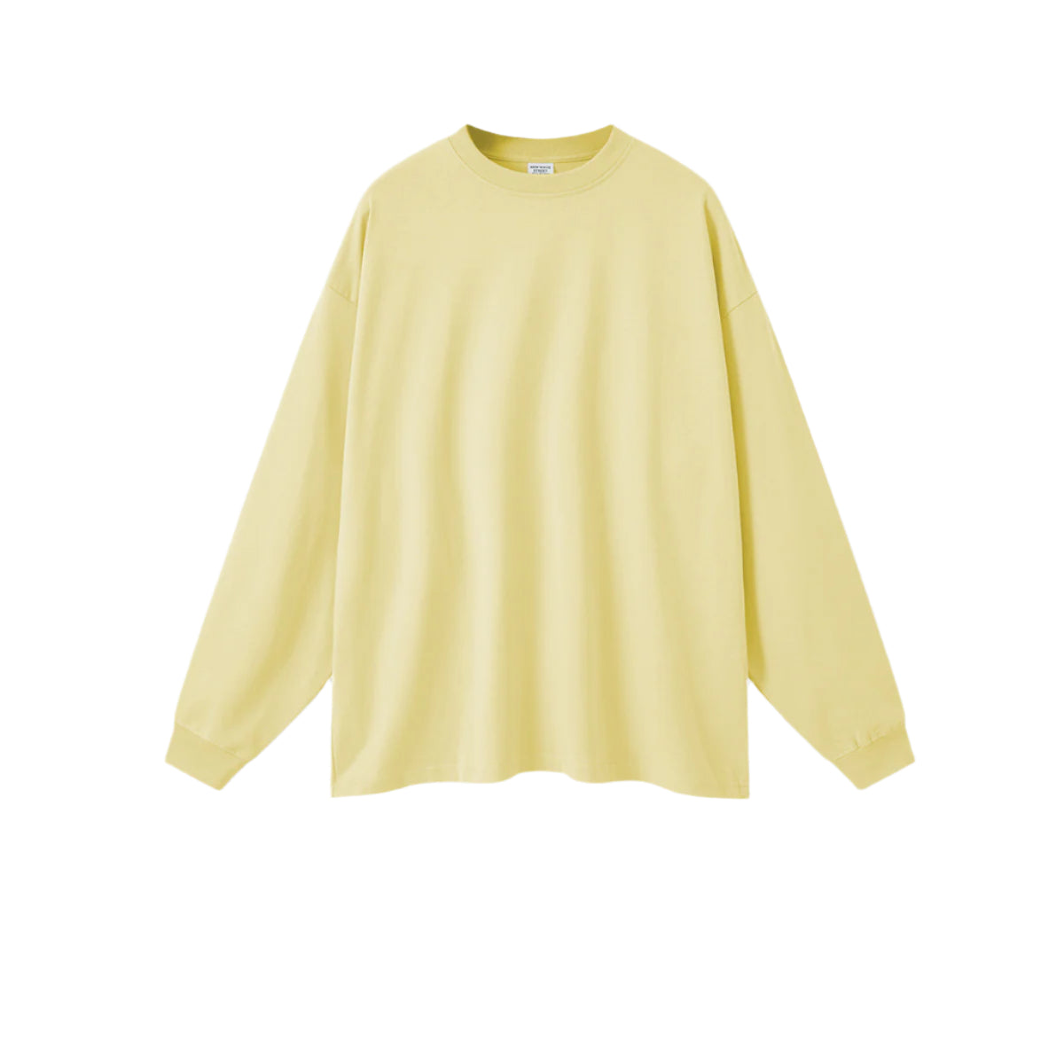 Pale yellow oversized sweatshirt with crew neck and drop shoulders on white background