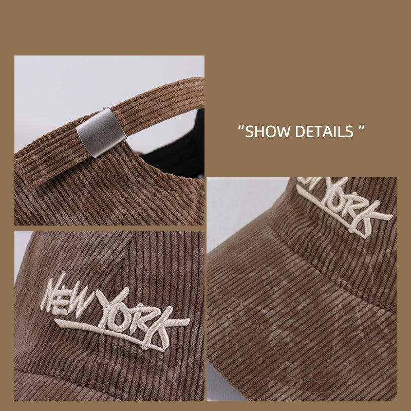 Close-up details of brown corduroy cap showing adjustable metal closure and embroidered logo texture