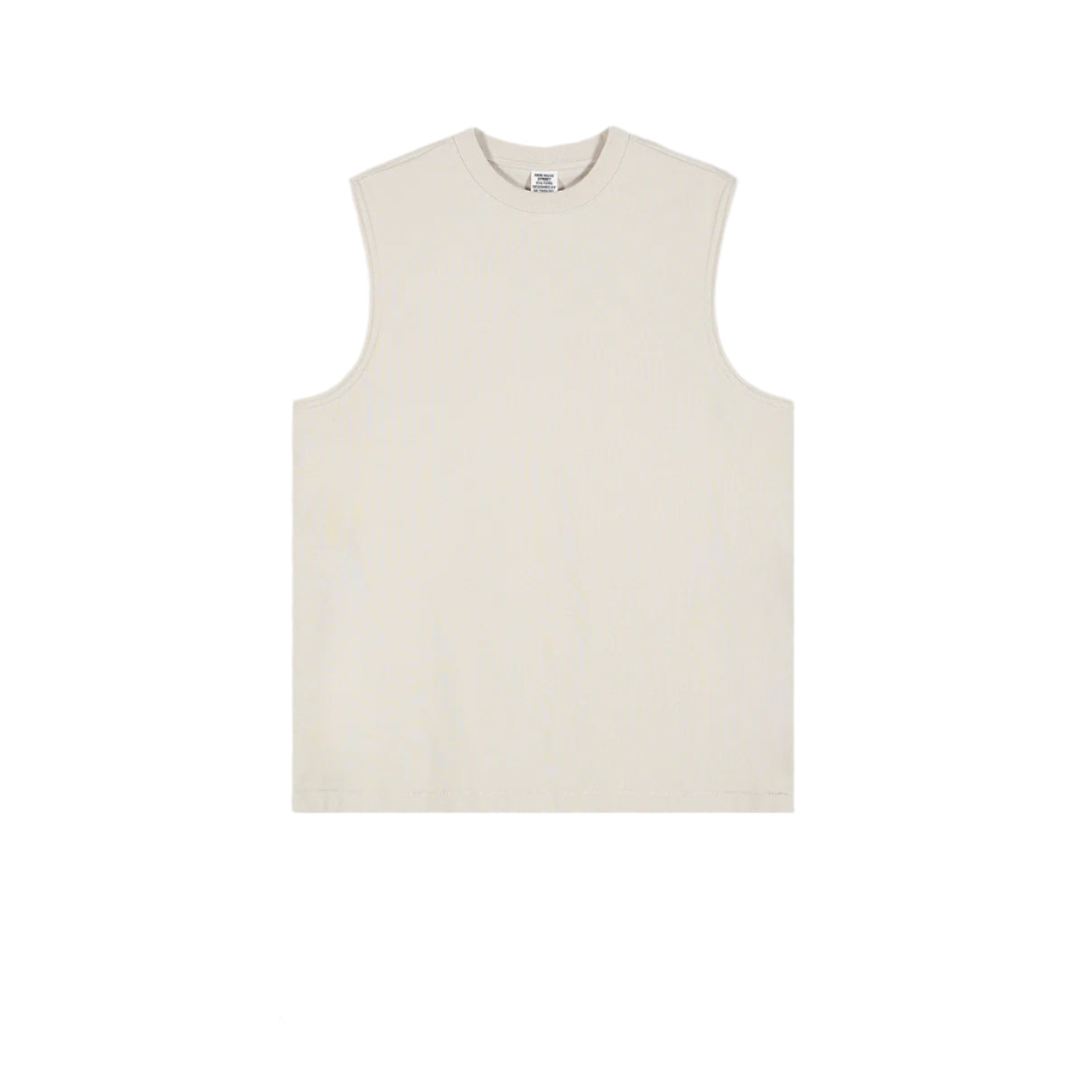 Cream/off-white sleeveless muscle tee with crew neck displayed flat on white background