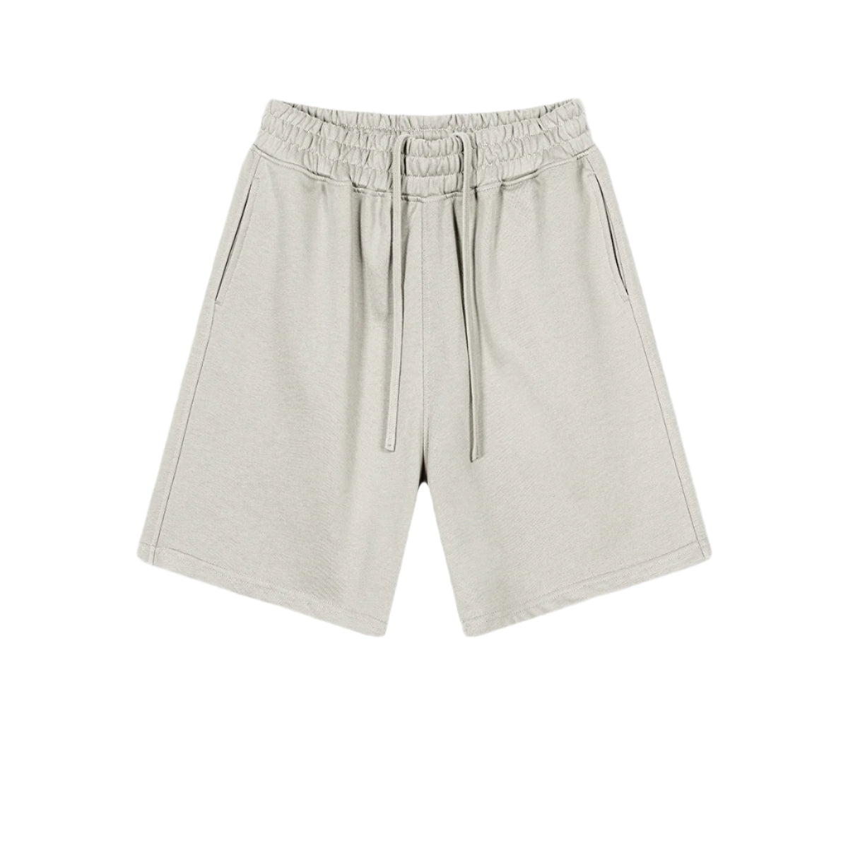 Light gray cotton shorts with elastic waistband and drawstring ties, featuring relaxed fit and side pockets, displayed flat
