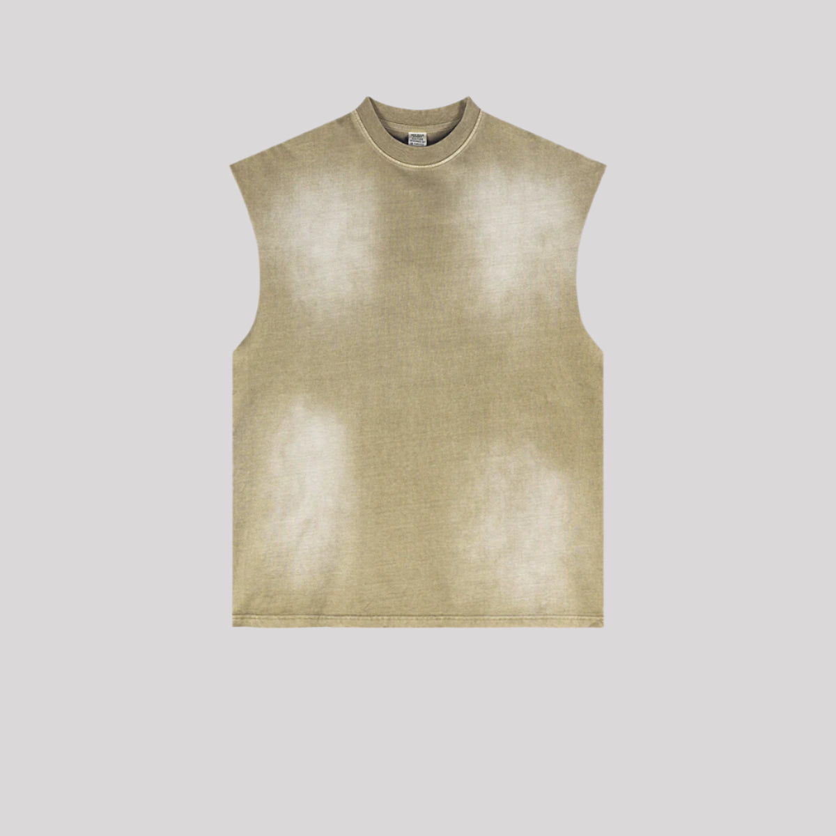A sage green sleeveless muscle tee with mock neck and faded effect displayed flat against light gray background