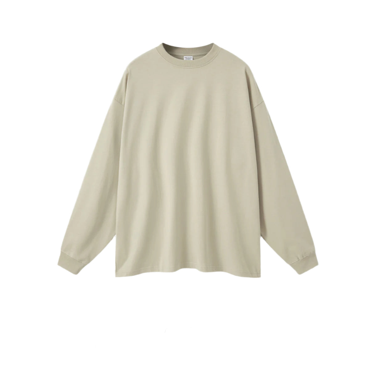 Light beige oversized sweatshirt with crew neck on plain background