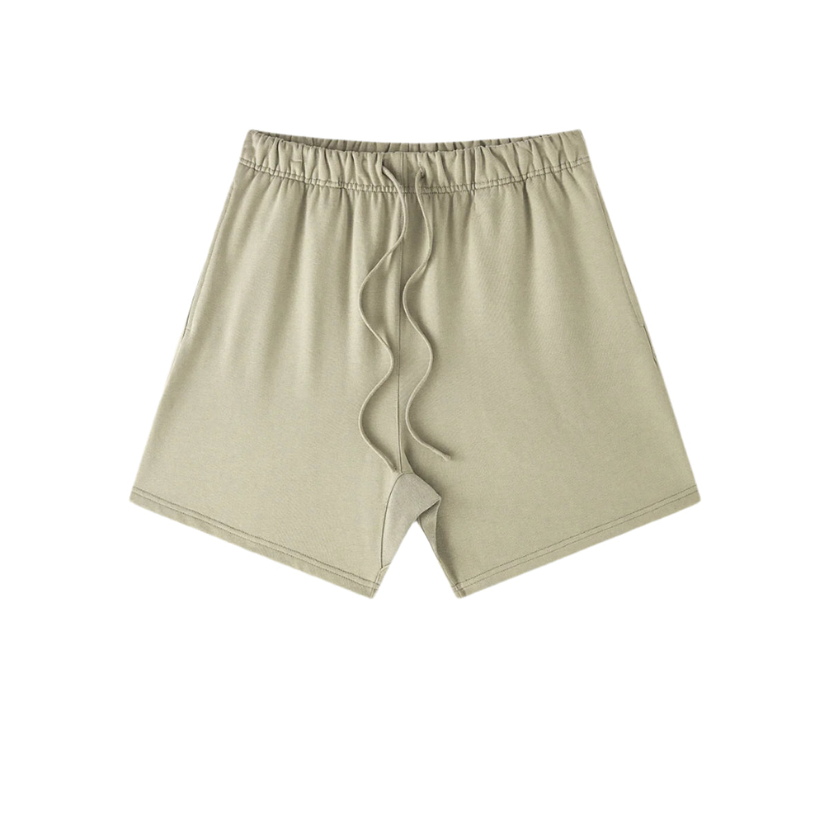 A light beige/stone pair of shorts with elastic waistband and drawstring displayed on a white background