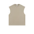 Beige oversized sleeveless muscle tee with crew neckline and manufacturer's tag visible, displayed flat against white background