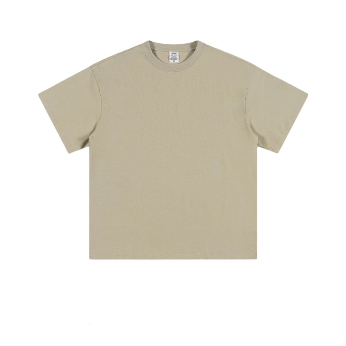 Sand colored crew neck t-shirt with short sleeves and relaxed fit, displayed against white background