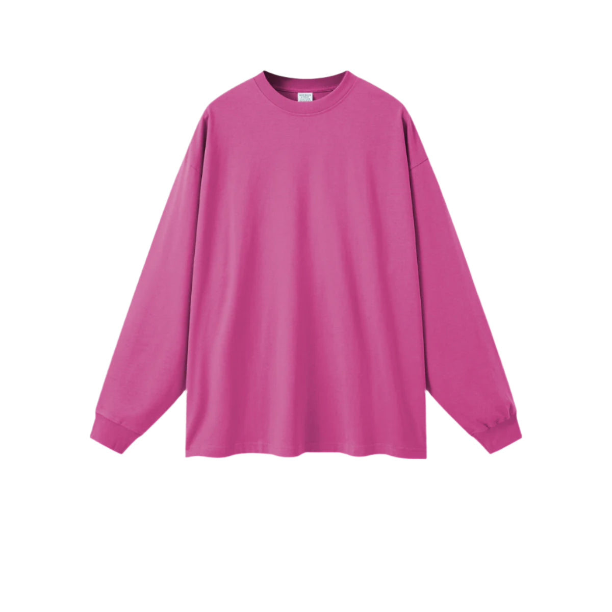 Oversized magenta long sleeve sweatshirt with crew neck and ribbed cuffs on white background