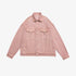 Pale pink oversized denim jacket with silver buttons and dual chest pockets displayed flat against white background