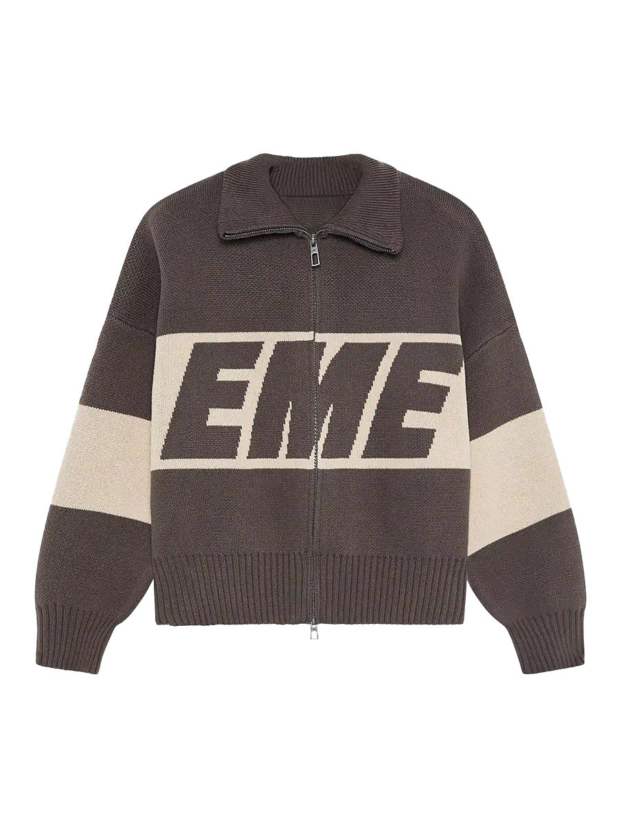 Retro Jacquard Letter Zip Up Sweater – Sporty Colorblock Knit Cardigan