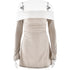 Product photo of a cream mini dress with white off-shoulder detail and ruched waist on a mannequin