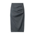 Dark gray midi skirt with asymmetrical layering and decorative button details, offering versatile styling