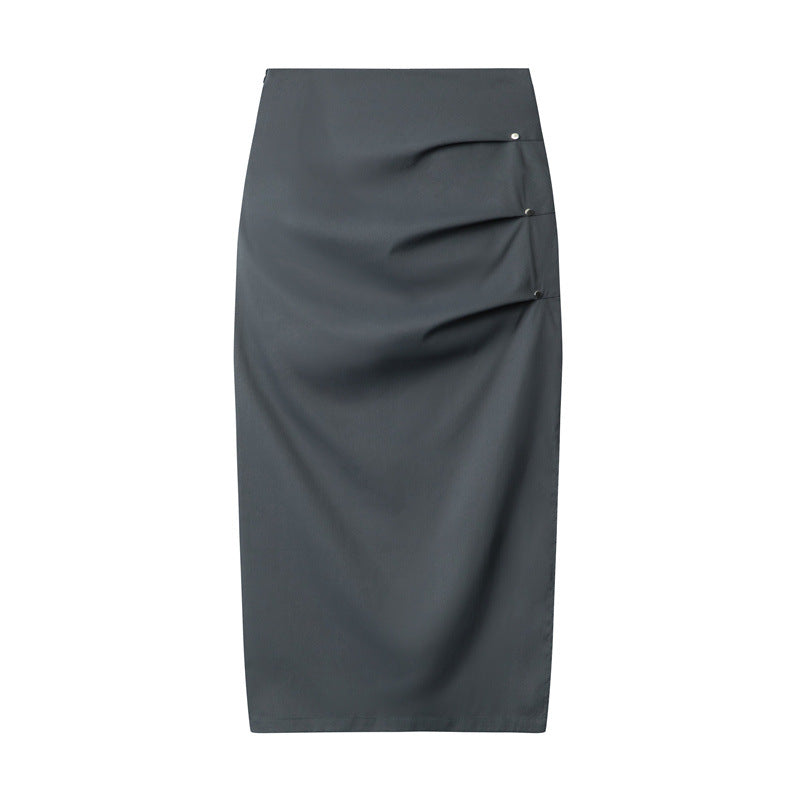 Dark gray midi skirt with asymmetrical layering and decorative button details, offering versatile styling