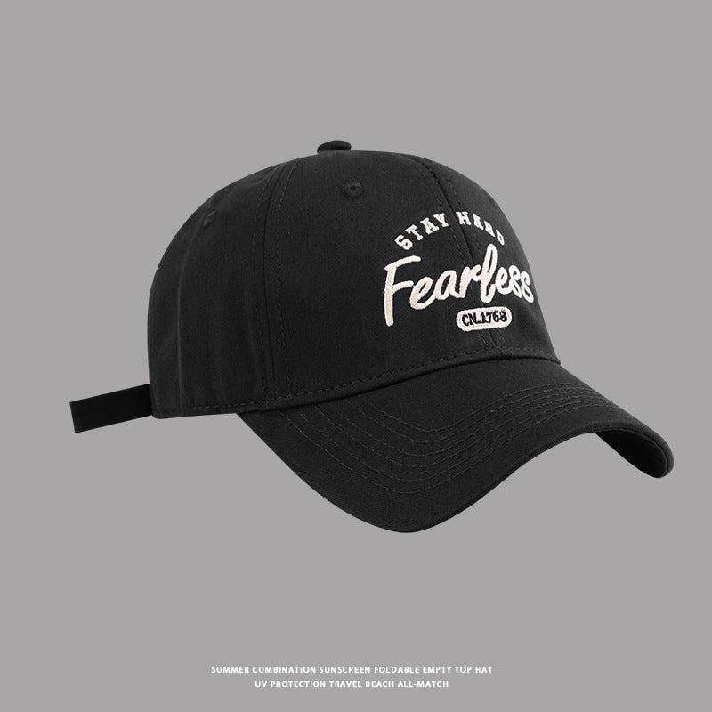 Black baseball cap with contrasting white Stay Hard Fearless embroidery