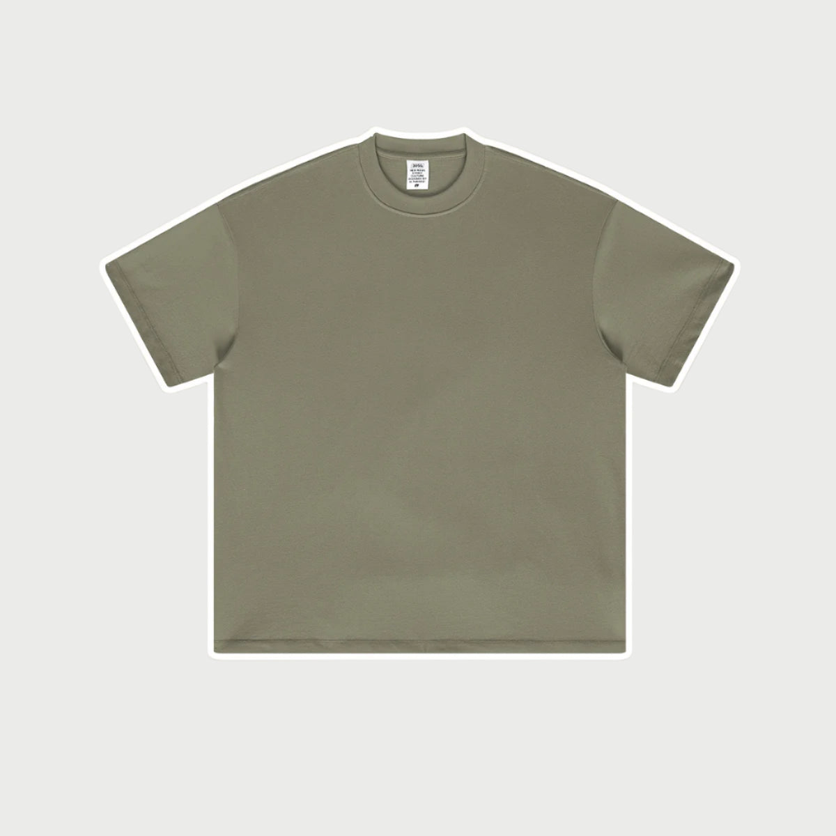 Olive green oversized t-shirt displayed flat against light gray background with branded tag visible