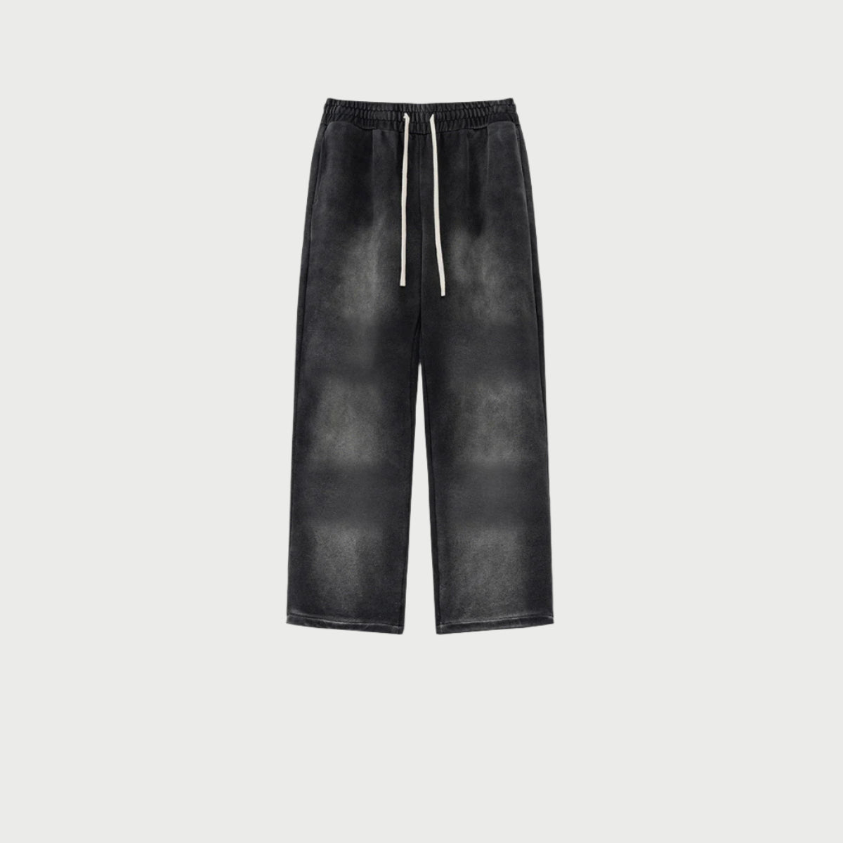 Black brushed cotton sweatpants featuring white drawstrings and relaxed straight-leg silhouette