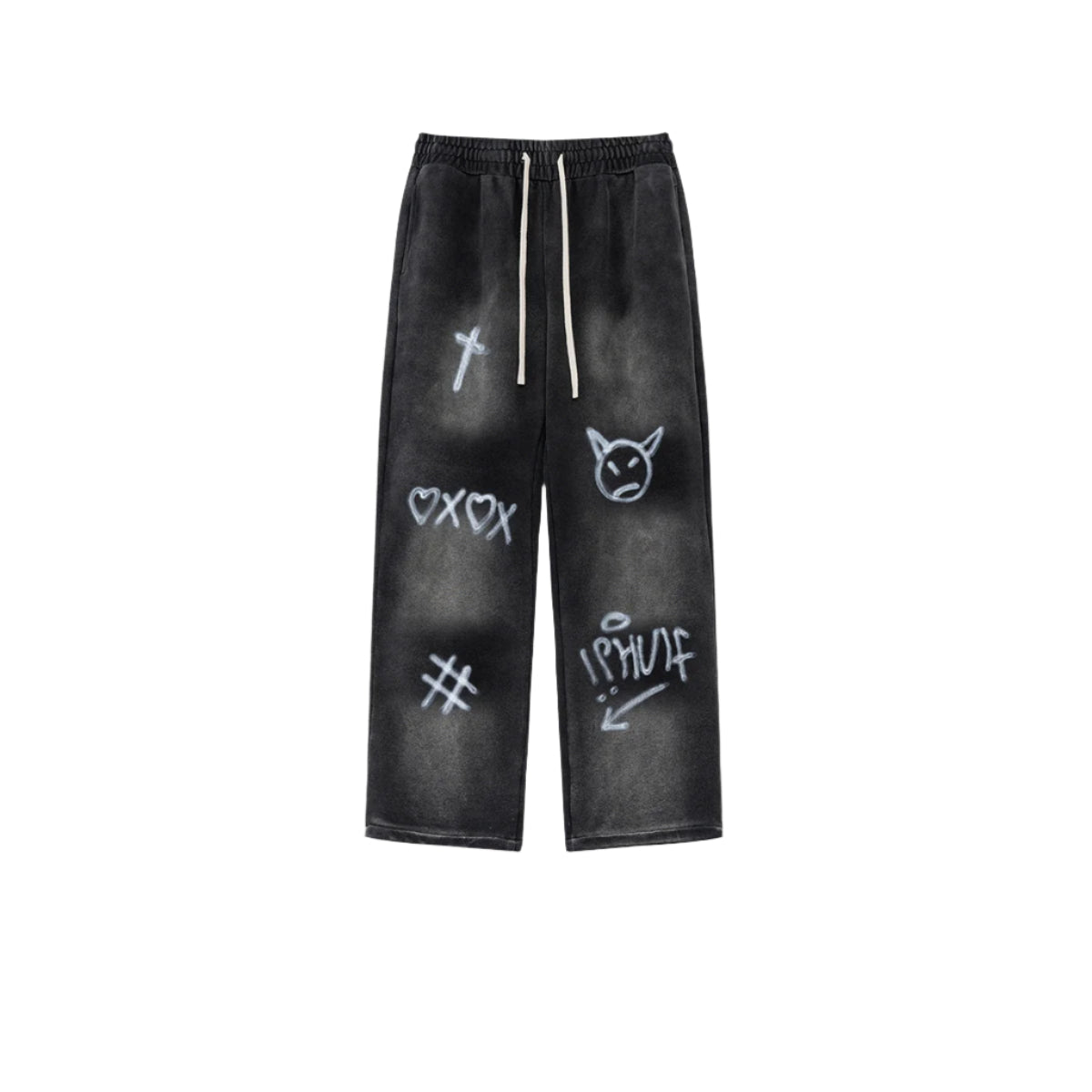Black sweatpants with elastic waistband featuring white spray-painted graffiti designs including symbols and text