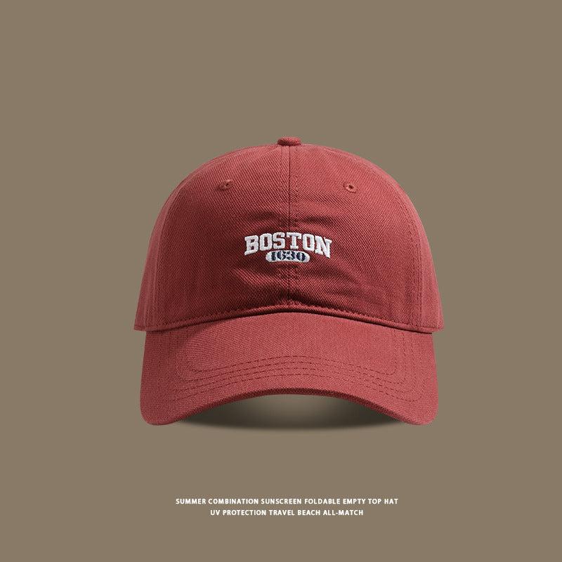 Wine red baseball cap with white Boston 1630 embroidered design