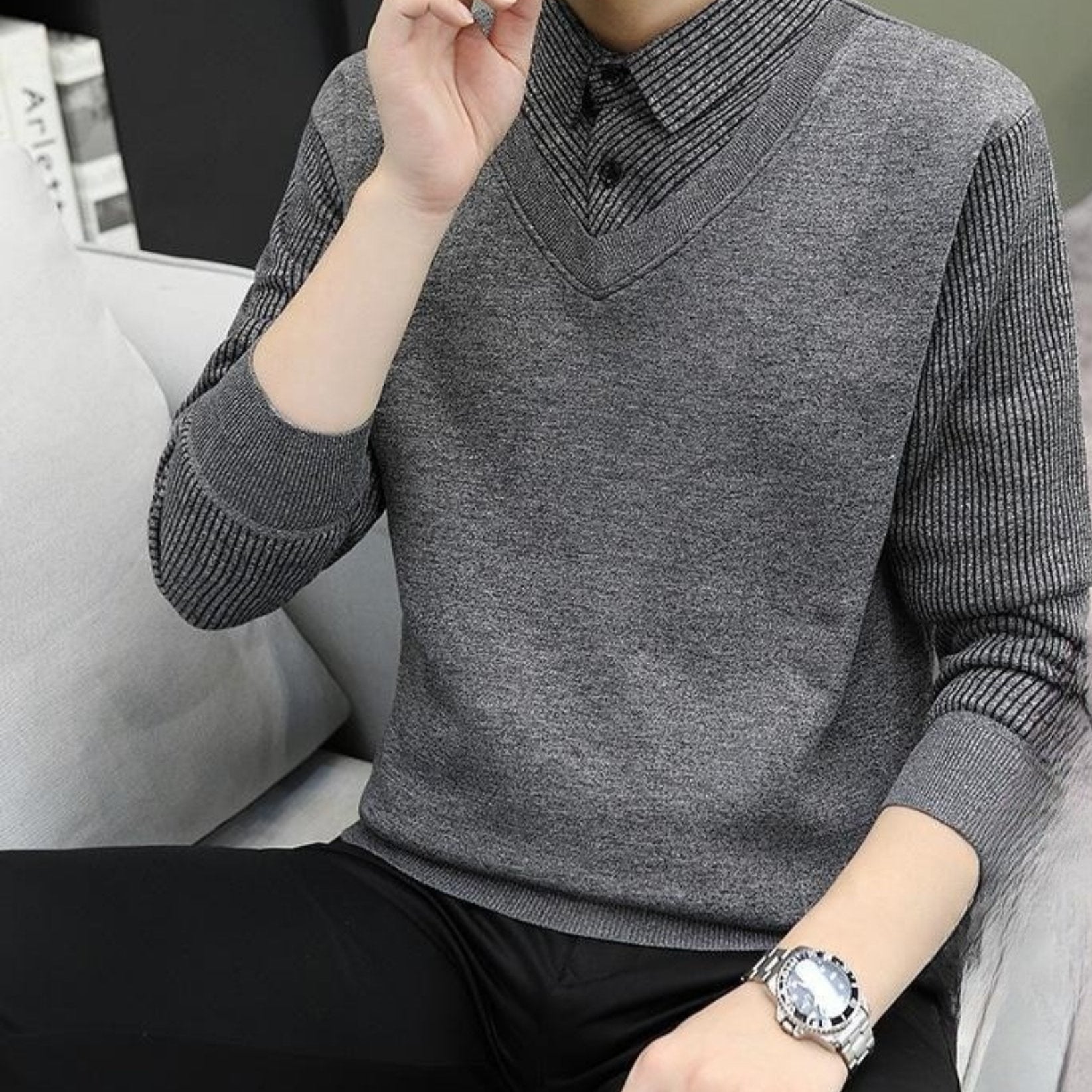 Gray V-neck sweater with ribbed collar and sleeves