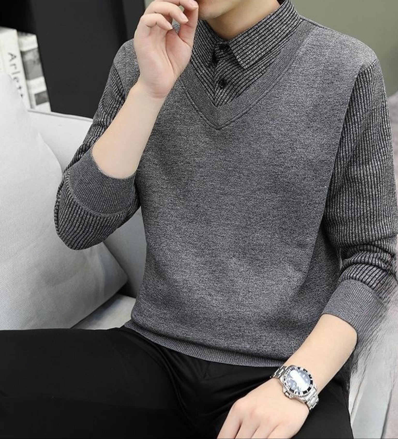 Gray V-neck sweater with ribbed collar and sleeves
