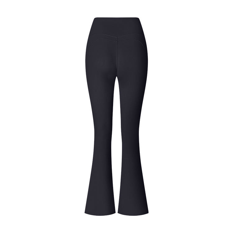 Black high-waisted flared yoga pants with contoured waistband, showcased on white backdrop