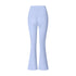 Light blue flared yoga pants with high-rise waist and V-shaped seam detail, displayed on white background