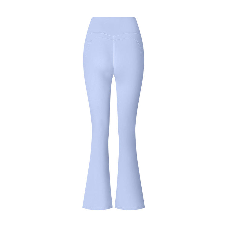 Light blue flared yoga pants with high-rise waist and V-shaped seam detail, displayed on white background
