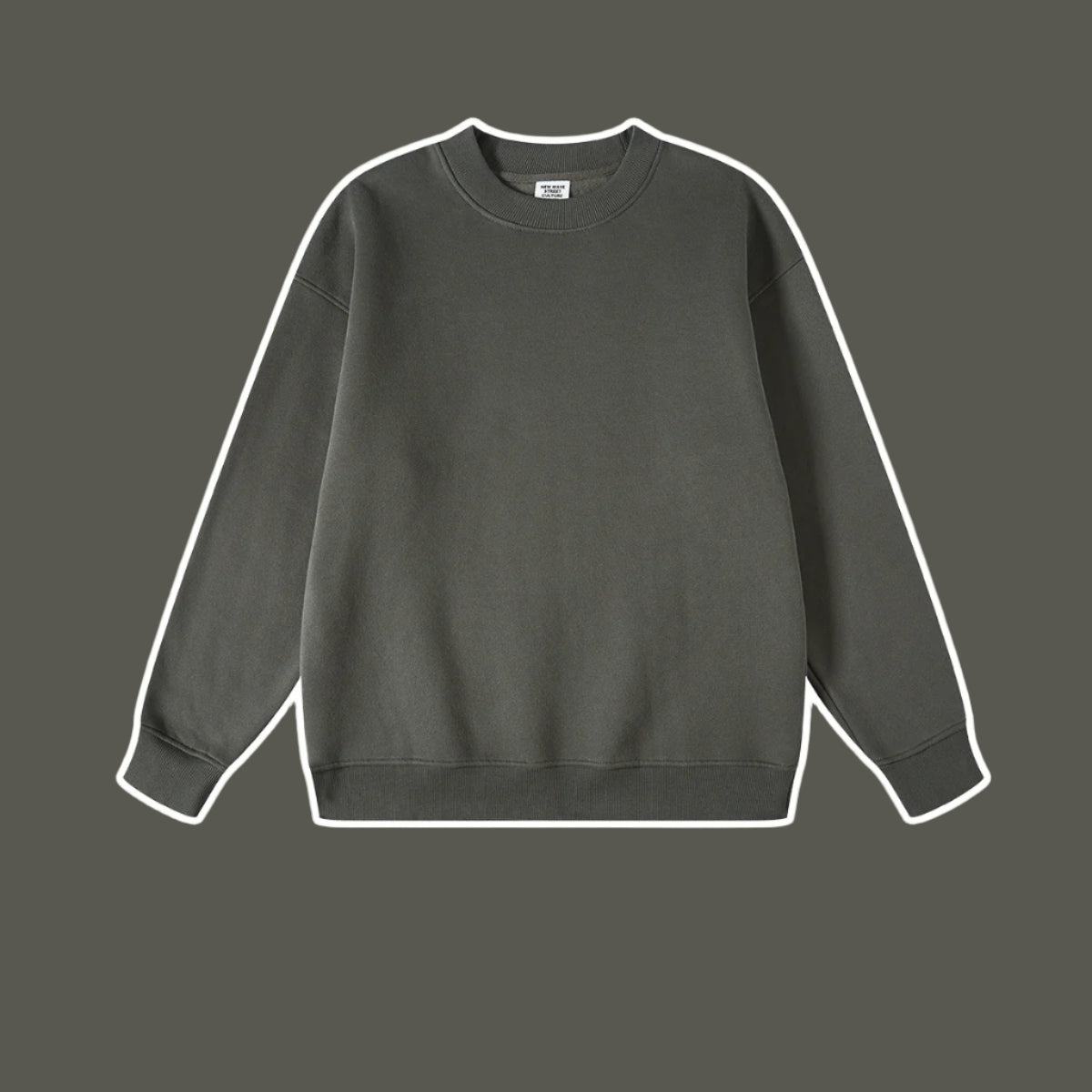 Olive gray crewneck sweatshirt with ribbed collar, cuffs and hem displayed against matching gray background