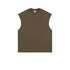 Sage green oversized sleeveless muscle tee with crew neckline and manufacturer's tag visible, displayed flat against white background