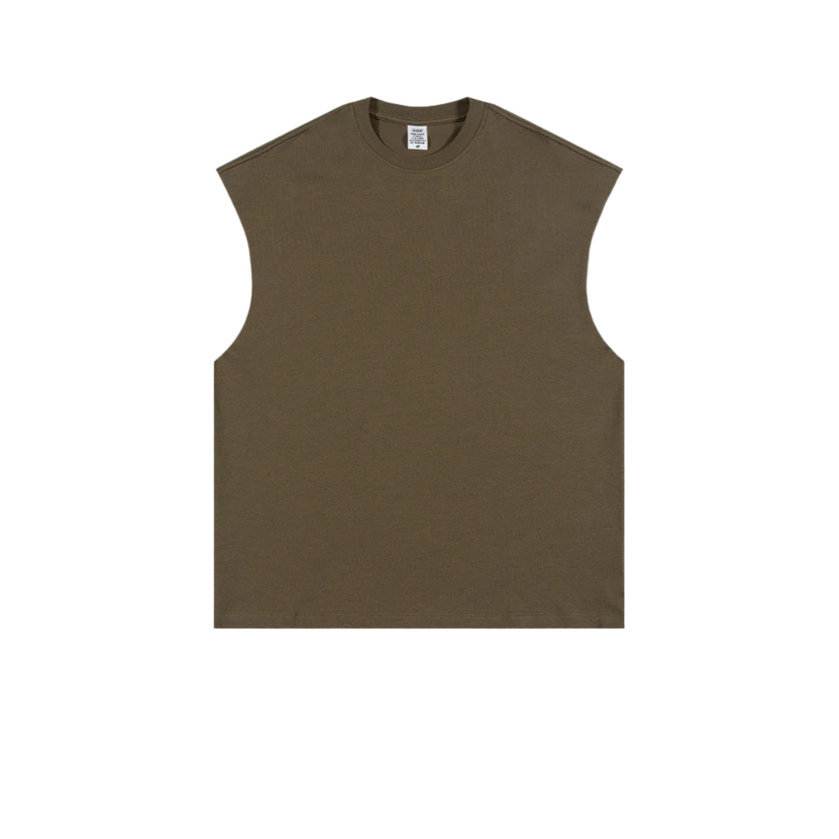 Sage green oversized sleeveless muscle tee with crew neckline and manufacturer's tag visible, displayed flat against white background