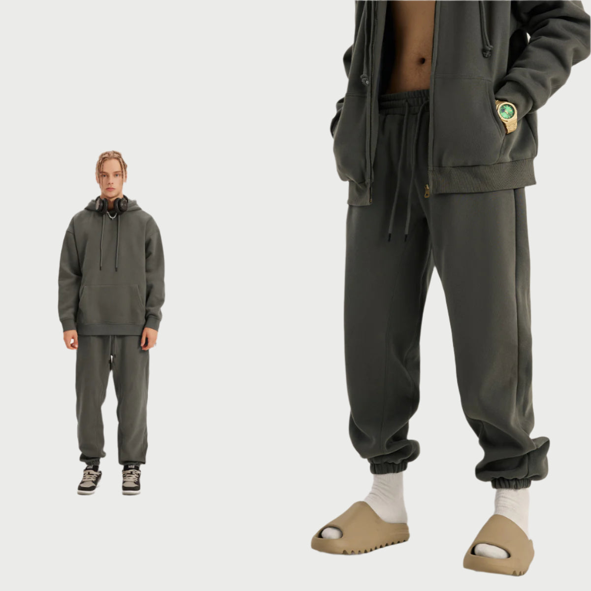 Model in dark gray hoodie opened to show bare chest, with matching sweatpants and tan slide sandals
