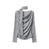 Heather gray long-sleeve top with draped cowl neckline and attached scarf accent