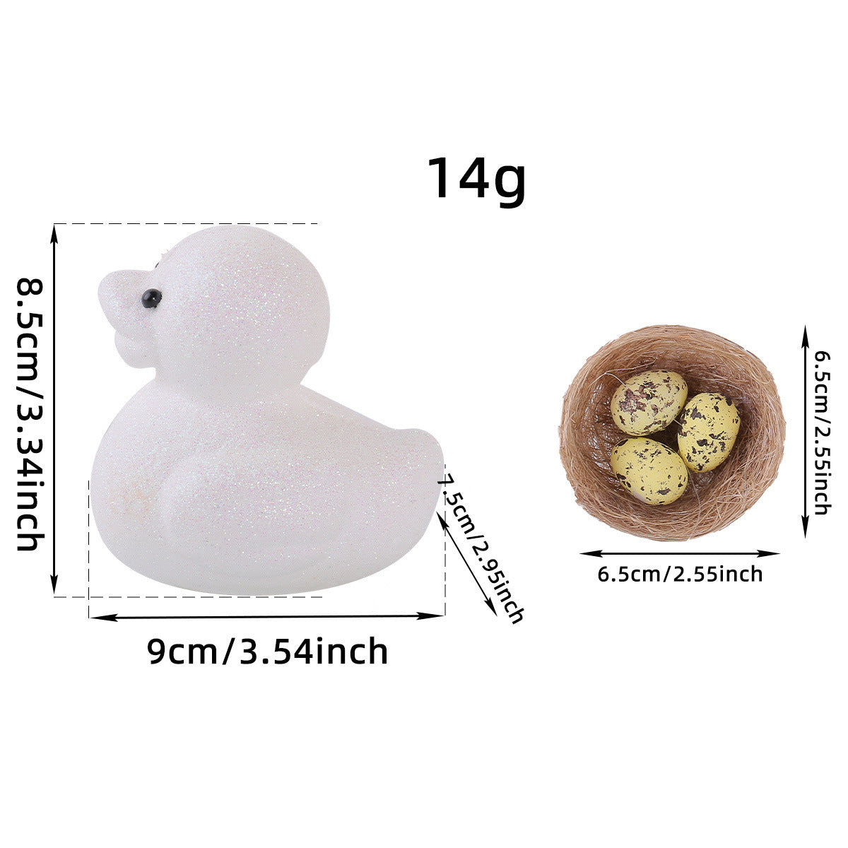 White chick figurine with a glittery finish next to a small nest filled with speckled eggs, featuring size measurements.