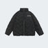 Black Aesthetic quilted puffer jacket with zip front closure and embroidered logo displayed flat against white background