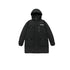 Product shot of black Be_Born Beacaac parka with hood up showing multiple utility pockets against white background