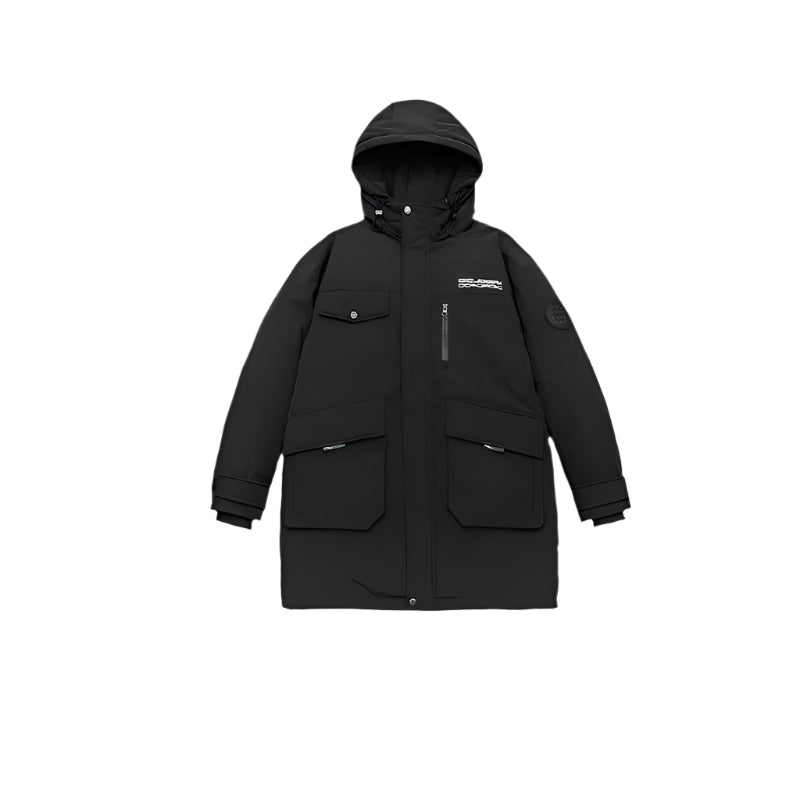 Product shot of black Be_Born Beacaac parka with hood up showing multiple utility pockets against white background
