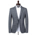 Gray textured blazer with white dress shirt on mannequin showing front view of slim-fit design and two-button closure
